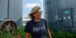 Rita Hart speaks with a reporter at her farm in Wheatland, Iowa, in 2019.