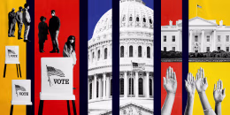 Image: Illustration of photos depicting voters on line, voting booths, the Capitol, the White House and raised hands.