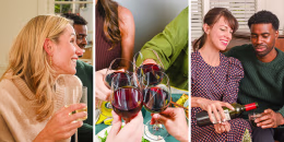 A couple pouring wine, a woman holding a wine cup and four wine glasses