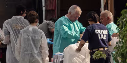Crime laboratory officers prepare to search the home of Gilgo Beach murders suspect Rex Heuermann in Massapequa Park, New York, on July 18, 2023.