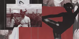 Photo collage featuring desaturated images of a couple, who are Ashley and Doug Benefield. Overlayed between these photos are scraps of paper in white and red, as well as a dark silhouette of a ballerina in an arabesque position.