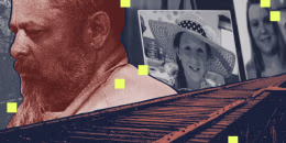 Photo collage of a headshot of Richard Allen (left) over a photo of photo signs of Abbigail Williams (middle) and Liberty German (right). A photo of a bridge is layered on top, on the bottom half of the canvas.
