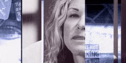 Photo collage in blue, black, and white with a cropped photo of Lori Vallow-Daybell in the center. Cropped images of a memorial fence and the Vallow-Daybell home lie on either side of the center image.