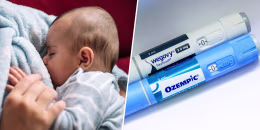 A woman breastfeeding, Wegovy and Ozempic self-injectors