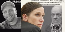 Illustration of Eric Richins, Kouri Richins, and private investigator Todd Gabler in court.