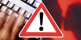 Photo illustration of a caution sign overlaid atop hands on a keyboard and two silhouettes 