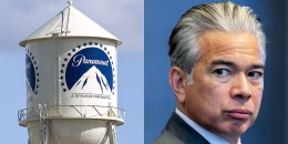 A split composite image of, from left, A Paramount water tower, and California Attorney General Rob Bonta.