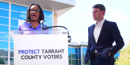 Democratic Senate candidate James Talarico, right, looks on as Tarrant County Commissioner Alisa Simmons speaks during a news conference at UTA.