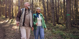 Older couple hiking in a sunlit landscape, equipped with trekking poles and backpacks, enjoying a calm and active lifestyle