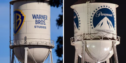 A split image of two water towers, from left, one for Warner Bros Studios, and one for Paramount