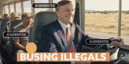 An AI-generated digital advertisement featuring Louisiana State Treasurer John Fleming driving a school bus. 