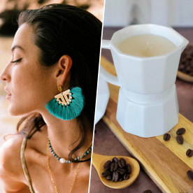 Carmen Earrings Turquoise, Cafetera Candle and Pride Coffee Cup - Cara - Set of 6