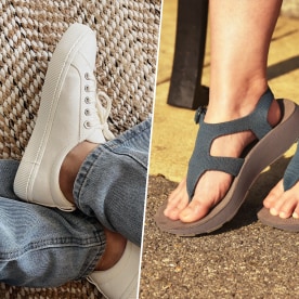 Three images of sandals and sneakers