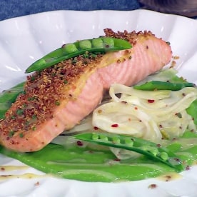 Curtis Stone's Chive-Crusted Salmon with Peas, Pickled Fennel and Crispy Quinoa
