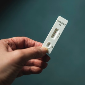 Hand of woman holding rapid diagnostic test for COVID-19