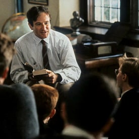 Image: Robin Williams teaching a class in a scene from the film 'Dead Poets Society', 1989.