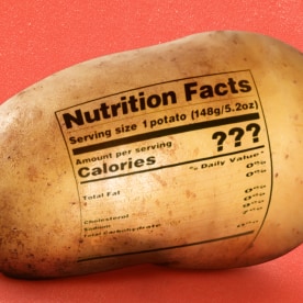 A potato with a nutrition label on it, with question marks instead of calories.