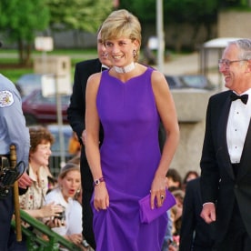 Diana, Princess of Wales arriving for a gala dinner in Chicago, Her dress is by designer Versace and her shoes by Jimmy Choo.