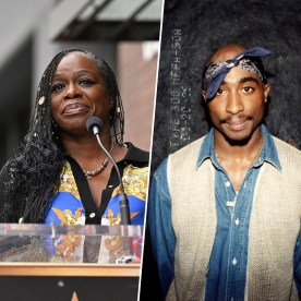 On the left, Sekyiwa Shakur looks emotional speaking in to a microphone. On the right, Tupac Shakur looks into the camera witha blue bandana tied around his head.