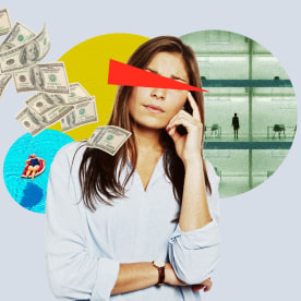 Photo illustration of woman stressed out about not being able to retire. Incorporating elements inlude dollars floating, retired person relaxing and lonely person in office.