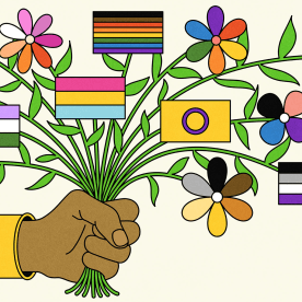 Illustration of hand holding bouquet of LGBTQ flags and flowers