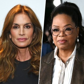 On the left, cindy crawford in a black dress stands and looks at the camera in front of a white wall. on the right, oprah winfrey with her hair in a ponytail walks a red carpet in a shiny dark brown blazer and white button down. she's wearing mauve circle-shaped eyeglasses