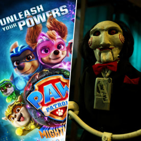 On the left, the paw patrol dogs. On the right, a photo from 'Saw X' of a man in a mask with red spirals on his cheeks.