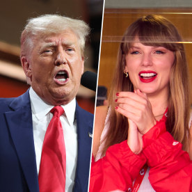 On the left, Donald Trump in a blue suit and white tie talks into a mic. On the right, Taylor Swift at a sporting event claps her hands together and smiles.