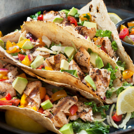 Grilled Salmon Tacos with Avocado Fresh Salsa and Kale Coleslaw