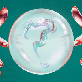 Illustration of two witch hands reaching towards crystal ball with swirling question mark smoke in it