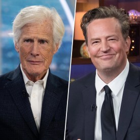 On the left, Keith Morrison in a suit sits on a TV set looking somber. On the right, Matthew Perry also in a suit and tie, smiles at the camera from a colorful TV studio.