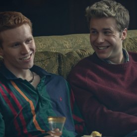 Luther Ford as Prince Harry and Ed McVey as Prince William in Season Six, Part Two of "The Crown."