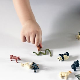 Toddler boy playing with tiny animal toys