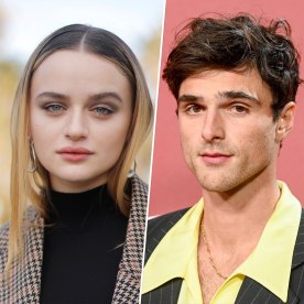 On the left, Joey King in a black mockneck shirt and brown houndstooth blazer. On the right, Jacob Elordi in a yellow shirt and grey pinstripe suit