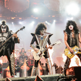 Gene Simmons, left, Tommy Thayer and Paul Stanley of KISS perform during the final night of the "Kiss Farewell Tour" on Saturday, Dec. 2, 2023, at Madison Square Garden in New York.