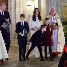 The Dean of Westminster Abbey, The Very Reverend Dr David Hoyle, Prince William, Prince of Wales, Prince George of Wales, Prince Louis of Wales, Catherine, Princess of Wales and Princess Charlotte of Wales  attend The "Together At Christmas" Carol Service at Westminster Abbey on December 08, 2023 in London, England. 