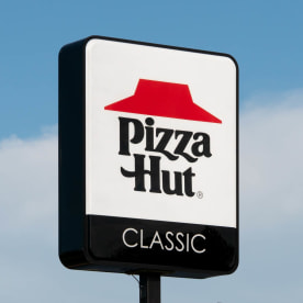 Pizza Hut sign and a screengrab of someone calling Pizza Hut to hear the hold song