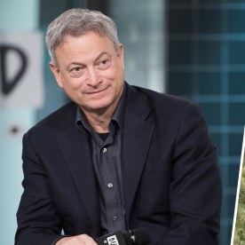 On the left, Gary Sinise looks serious in a black sportcoat and button-down shirt. On the right, his son Mac smiles at the camera in a pastoral field wearing a white T-shirt.