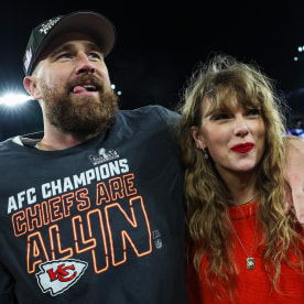 Travis Kelce and Taylor Swift after the Kansas City Chiefs defeated the Baltimore Ravens in the AFC Championship Game at M&T Bank Stadium on Jan. 28, 2024 in Baltimore, Maryland.