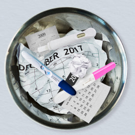 collage of trash can holding old calendars, pregnancy tests, and paper balls