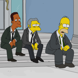 Lenny, Carl, Moe and Homer Simpson mourn Larry the Barfly in the Simpsons episode "Cremains of the Day."