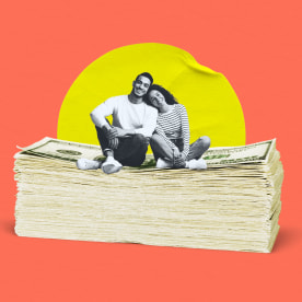 collage of happy couple sitting on a stack of money
