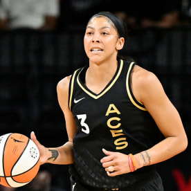 Candace Parker #3 of the Las Vegas Aces dribbles the ball during the game against the Dallas Wings on July 5, 2023 at Michelob ULTRA Arena in Las Vegas, Nevada.