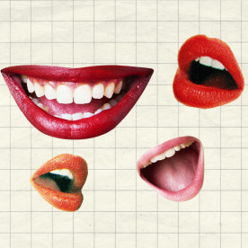 collage of random mouths talking on a lined background