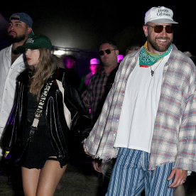 Taylor Swift and Travis Kelce at Neon Carnival held during the Coachella Music and Arts Festival on April 13, 2024 in Thermal, California.
