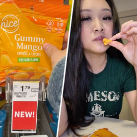 compilation of Tik Tok user @trinhdoesthings trying peelable mango gummies.