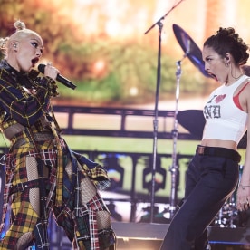 Gwen Stefani of No Doubt and Olivia Rodrigo perform at the Coachella Stage during the 2024 Coachella Valley Music and Arts Festival at Empire Polo Club on April 13, 2024 in Indio, California.