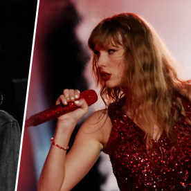 On the left, Patti Smith in front of a microphone in black and white. on the right, swift sings into a sparkly red mic