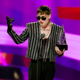 Peso Pluma accepts the award for "best album - regional mexican"during the 2024 Latin American Music Awards at MGM Grand Garden Arena on April 25, 2024 in Las Vegas.