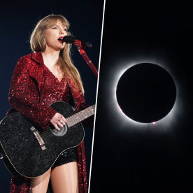 On the left, Taylor Swift sings and plays a black bedazzled guitar. On the right, a photo of the 2024 solar eclipse.